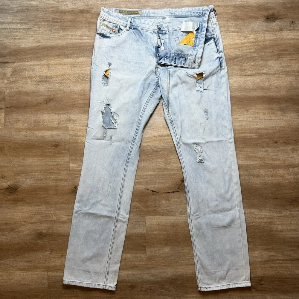 Diesel Belther Jeans Men‎ 38x34 Blue Slim Tapered Acid Wash Destroyed 3D Finish